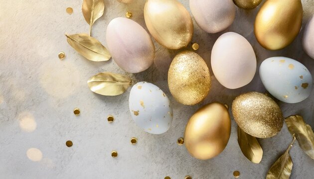 pastel colored easter eggs speckled and painted with gold top down view flatlay background