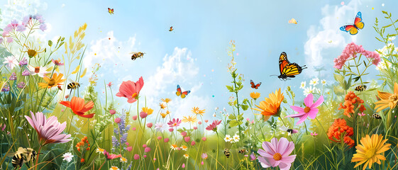 This image showcases a lively assortment of flowers with fluttering butterflies in broad daylight