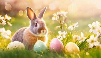Fototapeta na wymiar cute easter rabbit with decorated eggs and spring flowers on green spring landscape little bunny in the meadow happy easter greeting card banner border