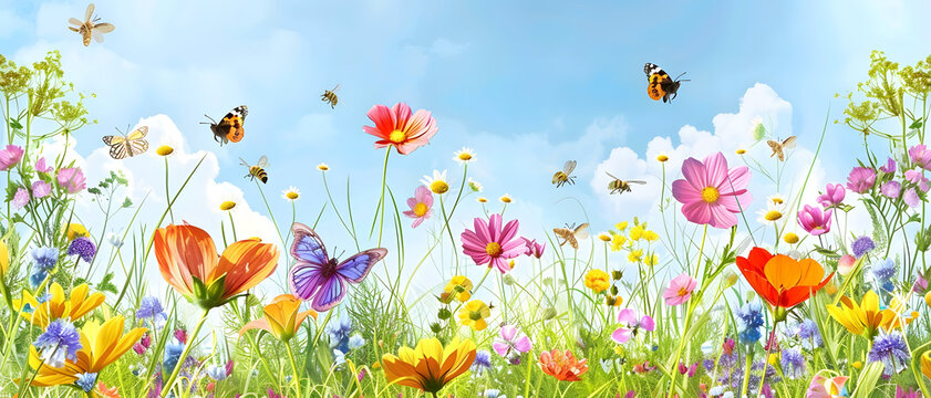 A colorful panorama featuring a variety of flowers and flying insects against a blue sky with clouds