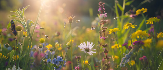 A serene meadow captures the tranquil essence of nature with insects and soft sunlight filtering through, perfect for backgrounds or themes about spring and growth