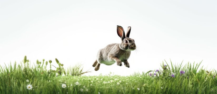 rabbit jump on the grass white background .isolated on white photo 