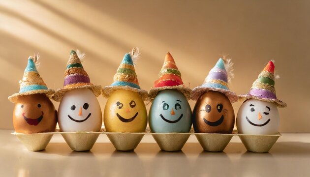 funny characters with easter eggs with hats and painted faces on a beige background
