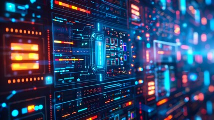 An abstract image of a high-tech server room with vibrant blue and red neon lights representing data processing and network infrastructure. - obrazy, fototapety, plakaty