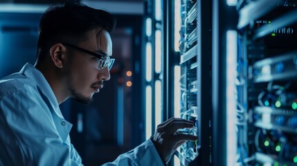At night, a diligent IT technician, glasses perched, meticulously inspects and manages servers in a sleek, modern data center.