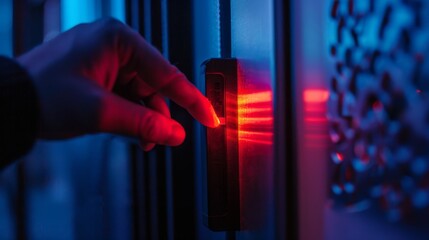 Capturing a close-up view, the technician's fingers delicately trace the intricate pathways of a luminous circuit board, emphasizing meticulous tech diagnostics.