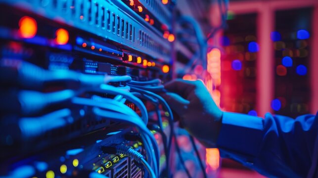 Close-up of a network engineer's hands arranging cables in a server rack, with LED lights indicating activity.