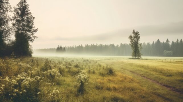 Vintage photo of vibrant landscape with foggy meadow in Poland.