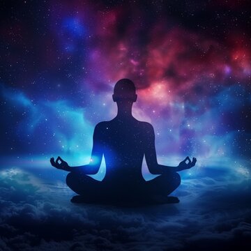 zen peace through yoga sitting in lotus amidst nebula light
