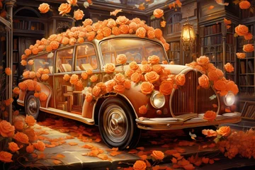Foto op Canvas A beautiful vintage car captured in a painting, adorned with elegant roses, evoking a sense of nostalgia and romance. Generative AI © Jahan Mirovi
