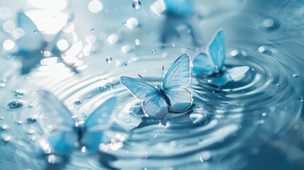 Naklejka na ściany i meble Blue butterflies on water.