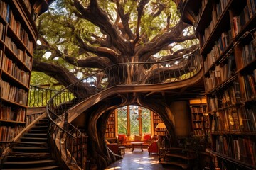 A grand tree standing tall in a library filled with countless books, creating a magical and enchanting atmosphere. Generative AI - obrazy, fototapety, plakaty