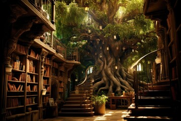 A majestic tree stands tall amidst a library filled with books, creating an enchanting and magical atmosphere. Generative AI