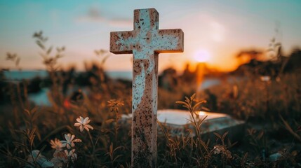 Resurrection symbol  cross on empty tomb at sunrise meadow, christian good friday concept