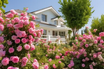 A charming white house surrounded by an array of vibrant pink flowers in full bloom on a sunny day. Generative AI
