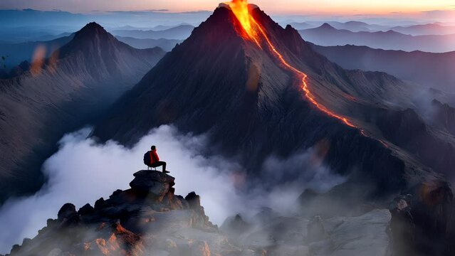 Person with volcano eruption. Seamless looping time-lapse 4k video animation background
