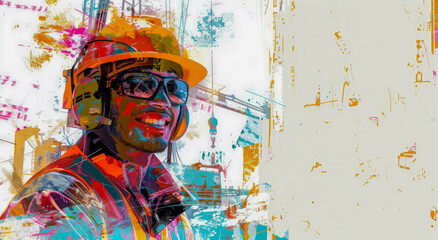 A smiling construction worker man in vibrant safety helmet, digital artwork style, ideal for Labor Day banners with generous copy space.