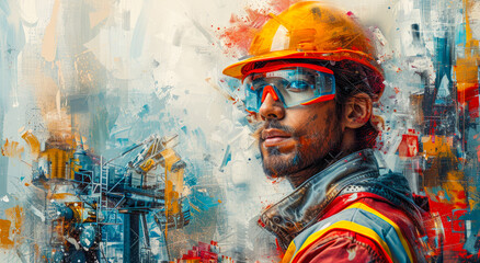 A  construction worker young man in  safety helmet and goggles, digital artwork style, ideal for Labor Day banners with generous copy space. - obrazy, fototapety, plakaty