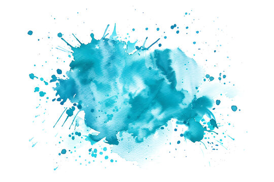 Turquoise watercolor splatter design on white background.