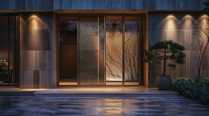 An artistic main door design with custom hand-carved motifs or etched glass panels, adding a...