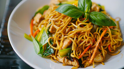 The noodles are a vibrant yellow color, cooked to a soft texture.