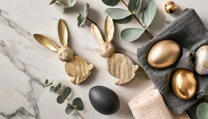 luxury easter flat lay composition with black and golden eggs eucalyptus leaves bunny rabbit towel on marble table happy easter concept top view