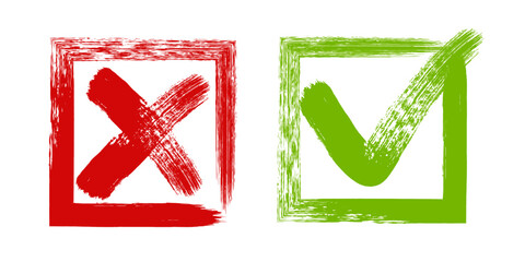 Tick and Cross sign elements. vector buttons for vote, election choice, check marks, approval signs design. Red X and green OK symbol icons check boxes. Check list marks, choice options, survey signs. © Good Goods