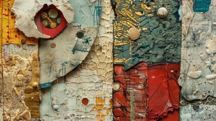 A vibrant, textured abstract art piece showcasing a collage of various materials with peeling paint...