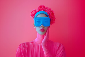 female influencer has a head like a phone, surreal, minimalistic, pink background