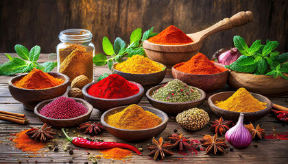 Spices and herbs. Colorful spices on wooden table