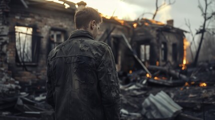 A sad man stands by his burnt home. Forest fires. Post-fire home, rocket attack. War in Ukraine.