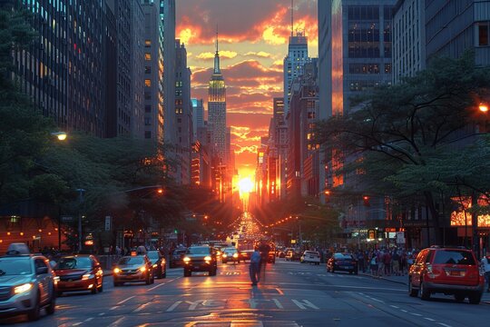 Vibrant energy and diversity fill a city street at sunset.