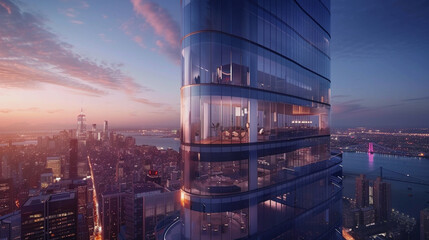 A sleek and futuristic high-rise building with a glass facade and panoramic views.