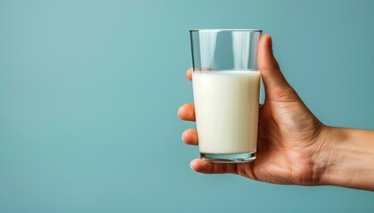 Side view of hand holding milk glass on pastel background with ample space for text placement