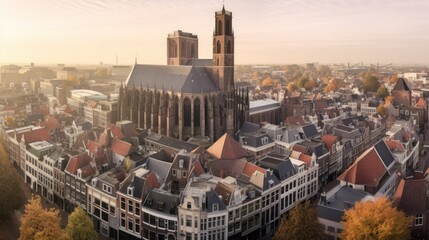 Super wide 360 degrees panoramic aerial view of the medieval Dutch centre of Utrecht with Inktpot building and cathedral towering - obrazy, fototapety, plakaty