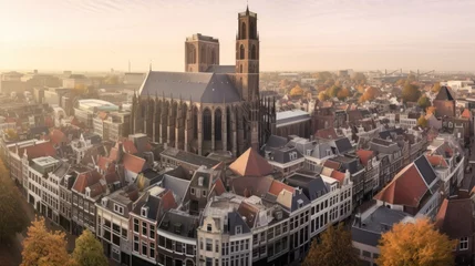 Zelfklevend Fotobehang Super wide 360 degrees panoramic aerial view of the medieval Dutch centre of Utrecht with Inktpot building and cathedral towering © haizah