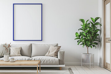 An airy, Scandinavian-inspired living room with a crisp white wall and a royal blue frame mockup poster. The room features a modern sofa in light gray, a wooden coffee table