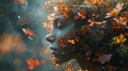 Surreal portrait of a woman's face blended with autumn leaves and a mystical forest atmosphere