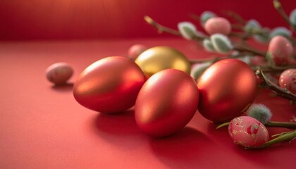 vivid red easter eggs on red background