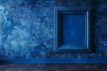 An art gallery featuring a royal blue wall, with a single, empty frame in a deep sea blue. The glossy finish of the frame complements the wall's texture, creating a cohesive look.