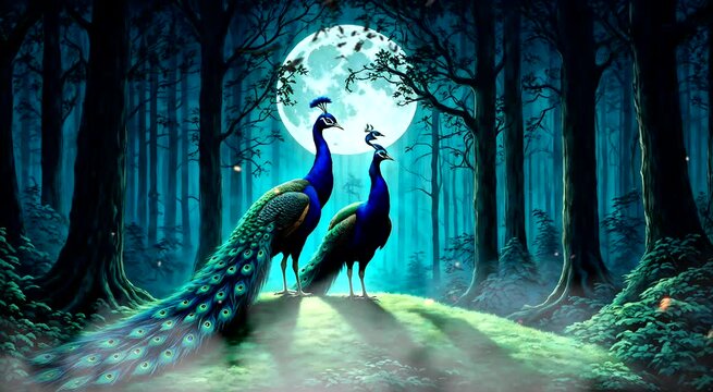 Couple of peacock in the forest at night