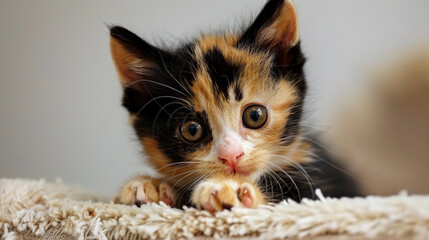A small calico kitten with playful eyes and a mischievous expression.