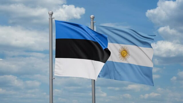Argentina and Estonia two flags waving together, looped video, two country relations concept