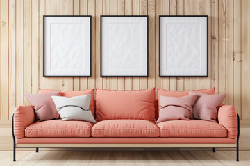 A bright and airy Scandinavian living room with a coral sofa against a light oak wall. Three empty mock-up poster frames in a shiny black finish stand out above the sofa, ready to anchor any artwork. 