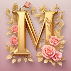 A gold floral letter “M” with roses and leaves, soft pink background