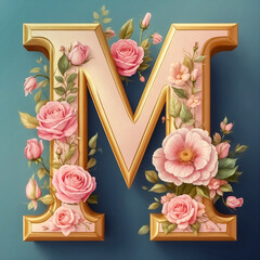A gold floral letter “M” with roses and leaves, soft blue background