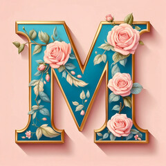 A blue floral letter “M” with roses and leaves, soft pink background