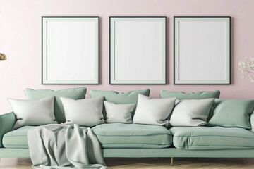 A cozy living room designed in Scandinavian style featuring a mint green sofa set against a pale pink wall. Three blank mock-up poster frames of varying sizes hang above the sofa,