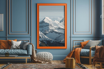 A cozy, Scandinavian-style living room, where a blue wall serves as the perfect canvas for an orange-framed poster of a minimalistic mountain landscape. The room is furnished 