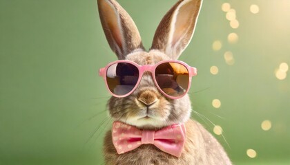 funny easter concept holiday animal celebration greeting card cool easter bunny rabbit with pink sunglasses and bow tie isolated on green background